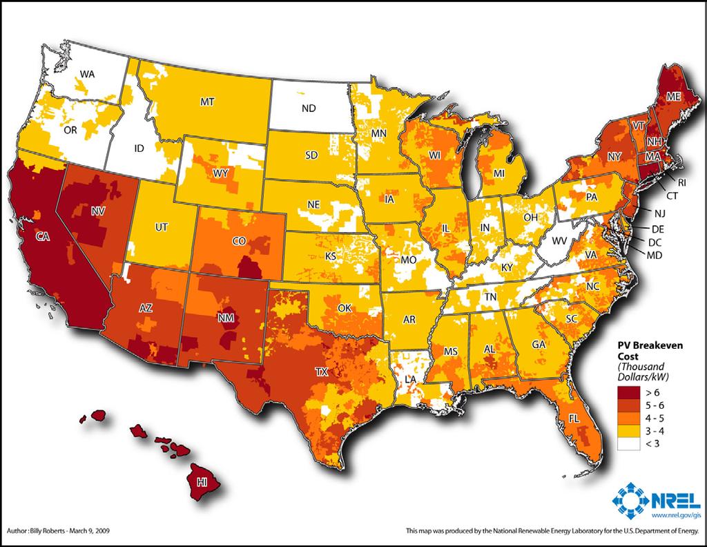 Projected price reductions could make PV systems widely attractive across the U.S. by 2015 At $5/W, attractive in 98 of 1,000 largest utilities, which provide ~25% of U.S. residential electricity sales.