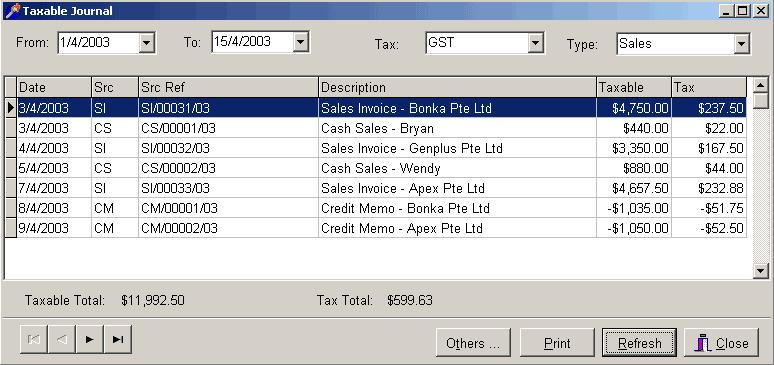 The taxable journal lists all the sales and purchases tax over a period of time you specify. It also shows you the taxable total and the tax total for the period.