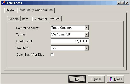 Under the 'Frequently Used Values / Vendors' tab: The default values used when adding a new vendor. Select the control account. Select the credit terms.. Set the credit limit.