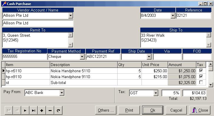Data Fields Date: The date of the cash purchase. Reference: The cash purchase s reference number. Vendor: The vendor s name. Total: The total amount of the cash purchase. 5.