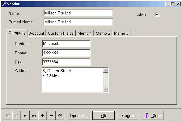 Data Fields Name: The name of the vendor Printed Name: The name to be used when the vendor s name is printed. Active: Indicates whether the vendor is still active.