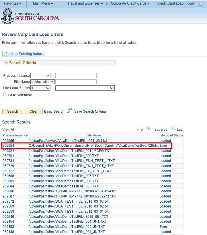 After the Search Results display, click the link for the corresponding Process Instance number with a File Load Status of Error.