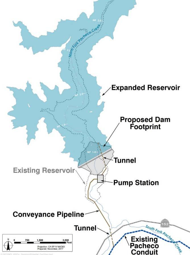 Proposed Pacheco Reservoir Facilities Expanded Dam/Reservoir 140,000 acre-foot reservoir New 319-foot earth embankment dam Concrete spillway Conveyance between Pacheco