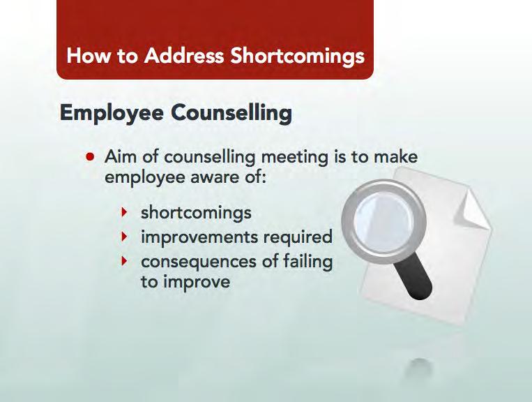 Module 1 Employee performance How To Address Shortcomings in Performance Show Slide 36: Make the following key points: You may find that the performance of an employee falls below the required