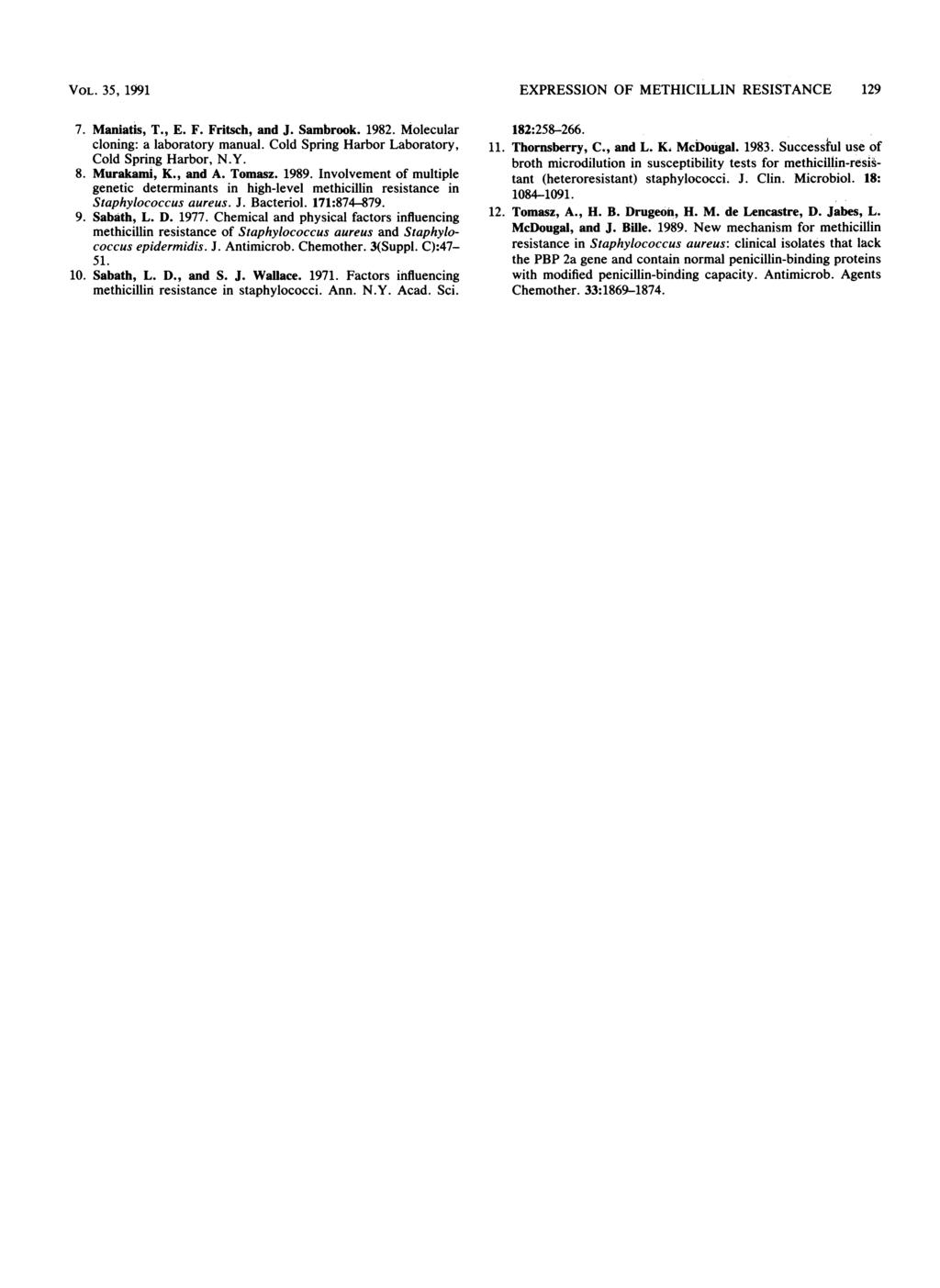 VOL. 35, 1991 EXPRESSION OF METHICILLIN RESISTANCE 129 7. Maniatis, T., E. F. Fritsch, and J. Sambrook. 1982. Molecular cloning: a laboratory manual.