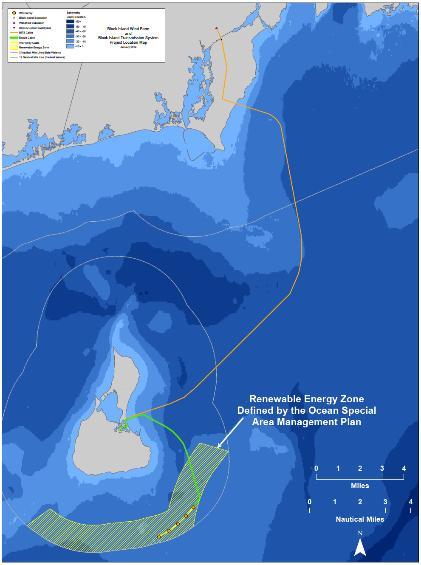 Bi-directional AC cable connecting Block Island to the mainland (shown in picture as yellow line)