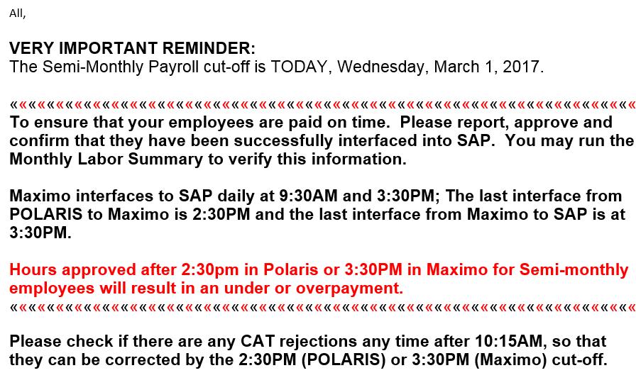 Time Reporters/Approvers Cut-off Day Reminders Emails will be sent
