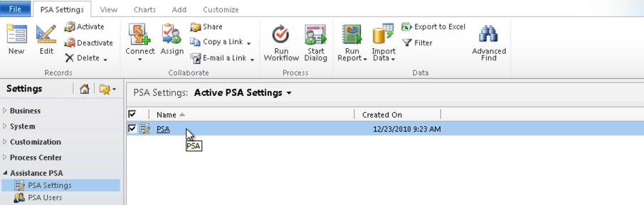 EXERCISE 1: Define the specific settings of your organization in PSA STEP 1: Set up your organization Within the Dynamics CRM Web client, select Settings You can only have one setting record for
