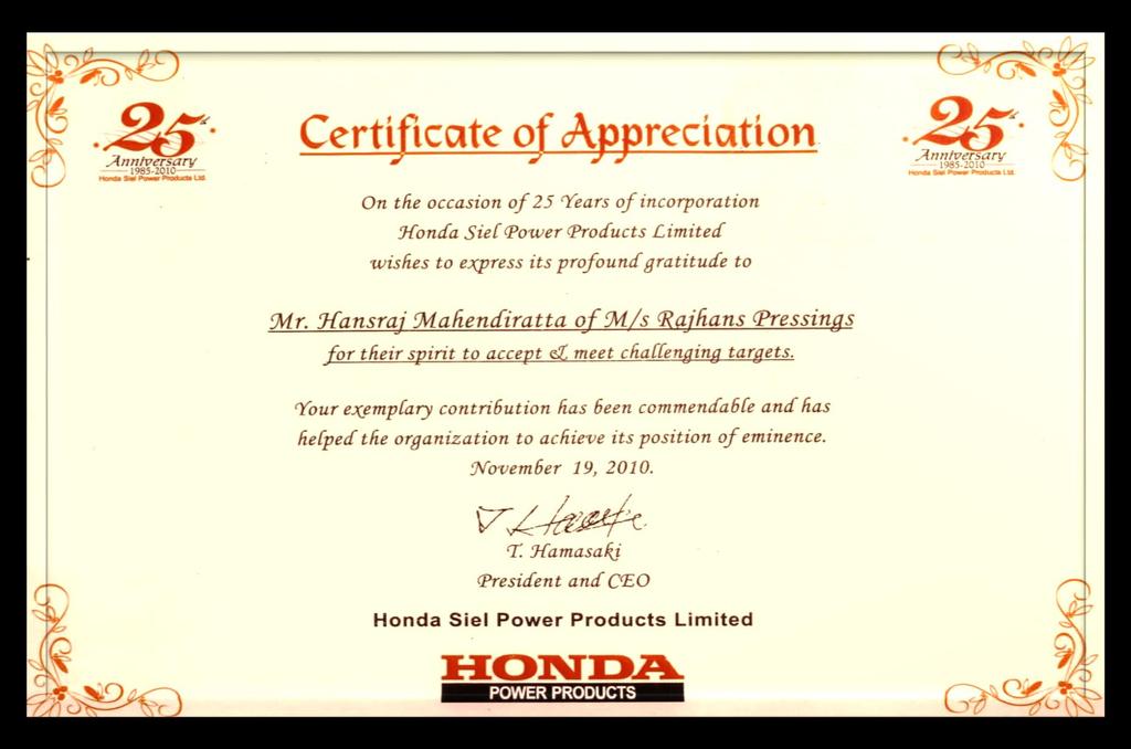 Customer Recognition BY M/S HONDA SIEL POWER PRODUCTS