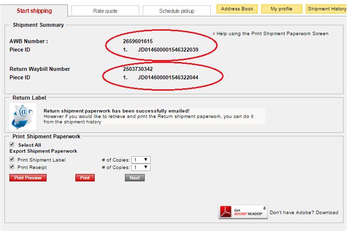 Once everything is verified, click on I Accept DHL s Terms & Conditions Step 6: Two waybill numbers are displayed.