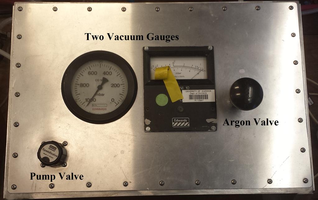 Figure 3: The control panel which controls the vacuum pump and argon flow. Using the Arc Furnace Step 1: Clean the arc furnace (See Section below).