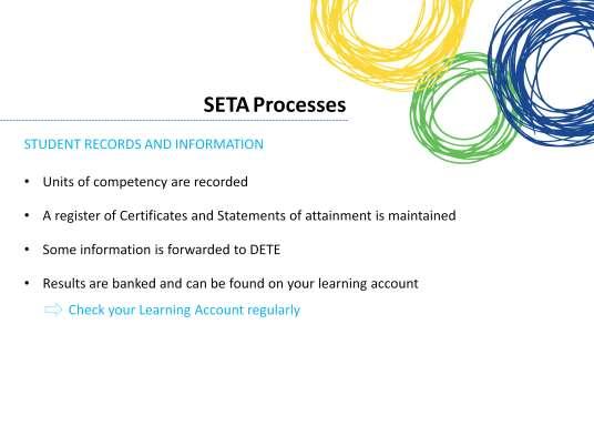 SETA with your school, keeps track of your enrolment and assessment information.