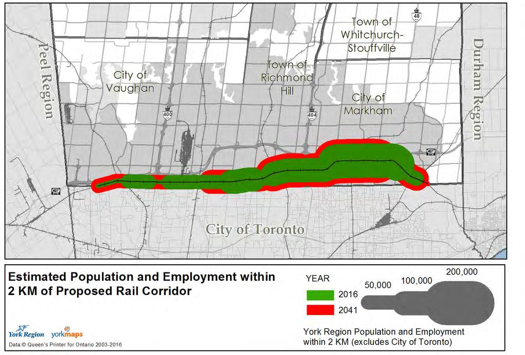 The following table and accompanying map summarizes the estimated number of York Region residents and employees within 1 KM and 2 KM of the proposed rail corridor today and by 2041.