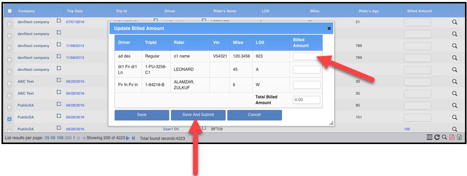 Billing-Editing Billing Amount After selecting the billable trips to be updated, the Update Billed Amount window will appear Enter the updated billed amount in each of