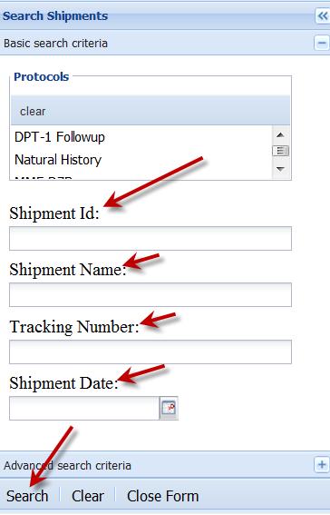 Browse Shipments Enter the Shipment ID, Shipment Name, Tracking number or Shipment Date and
