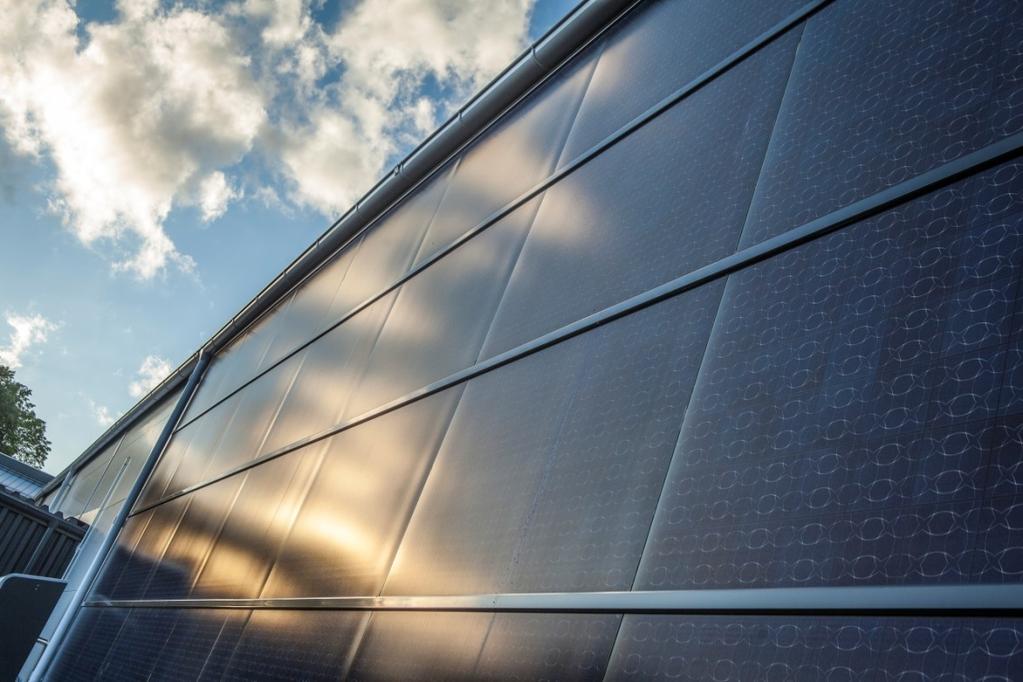 Building integrated solar PV-panels High performance Building Integrated PV-solution for building facades Full system with PV-panel modules, structural componensts and
