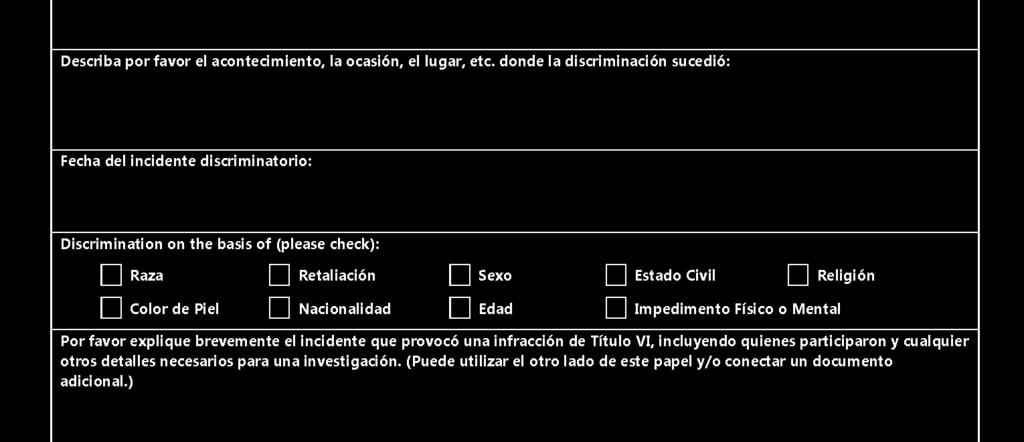 Spanish Language Form: Form available online or printed upon request.
