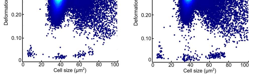 All samples shown in this figure were measured at a flow rate of 0.04 µl/s in a 20 µm 20 µm channel. (a) RT-DC scatter plot of whole blood with most of the RBCs sedimented out.