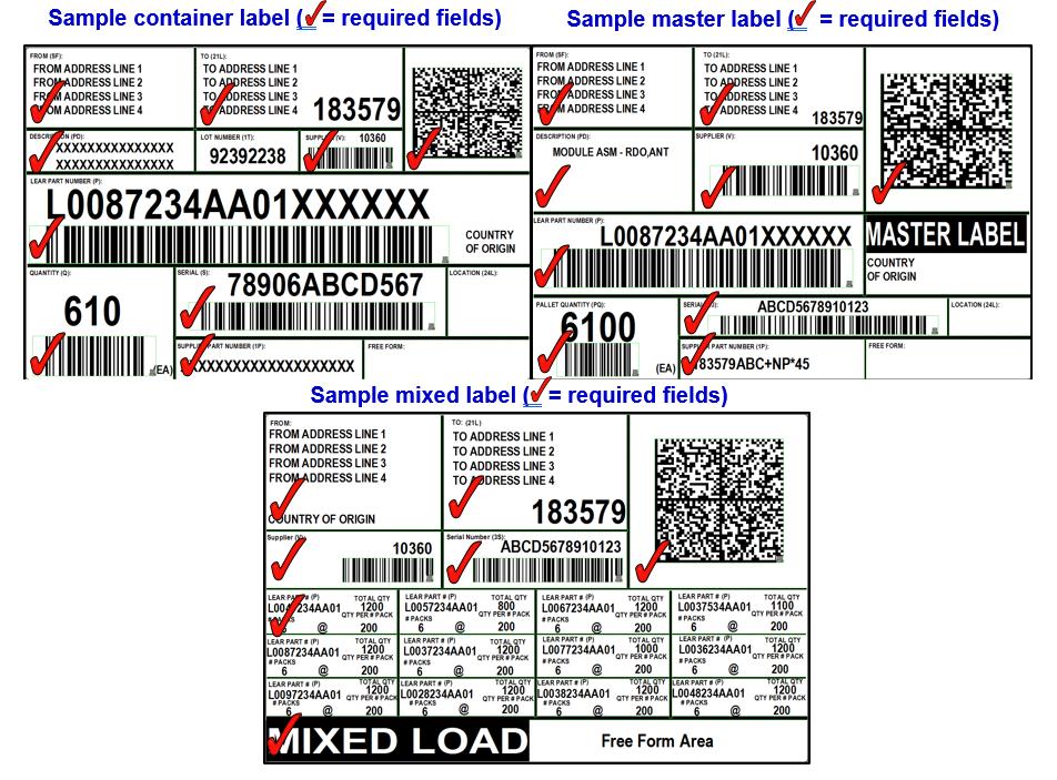 6.2 LABEL DESIGN Label design SHOULD be white in color with bold, black printing. Colored labels are allowed if supplier has written permission from LEAR receiving plant. The required label size is 6.