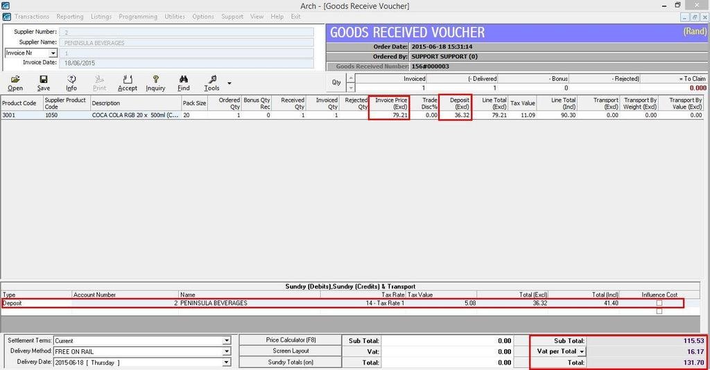 The Deposit (Excl) column can be activated in the Screen Layout menu in both the Purchase Order and Goods Received modules.