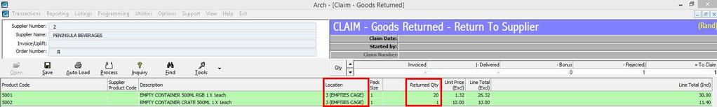 Once OK is clicked, Arch will automatically populate the Goods Return Claim with the products in the Empties Cage location at the quantities which are in that location