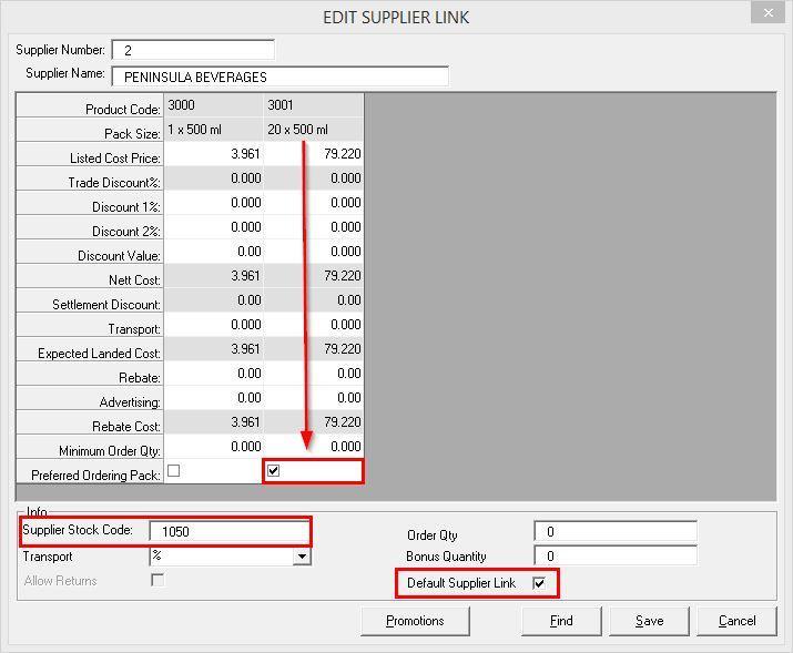 Settings The base and pack products must have the following settings: Product is a Stock Keeping Unit Product is a Till Item Unit Size = 500 Unit of Measure = ml Pack Size = 20 Pack