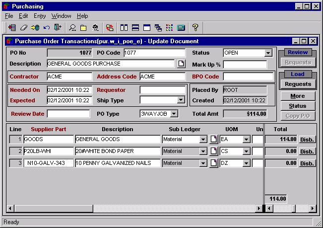 PURCHASE ORDER TRANSACTIONS SCREEN You can purchase materials using a Purchase Order, Credit Card, or Petty Cash transactions.