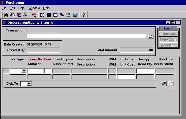 DISBURSEMENT SCREEN Use this screen to distribute purchased materials and equipment purchased via one of the transaction screens (Credit Card, Petty Cash or Purchase Receives.