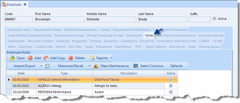 Employees Employee Notes Date, Description and Note Type must have