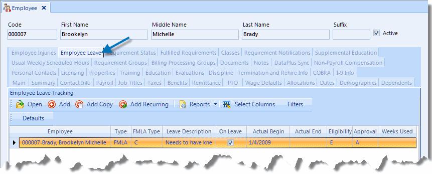 Chapter 5: Employee Leave Tracking When you open an existing employee leave record or add a new one, the Employee Leave form itself will open in a new window tab.