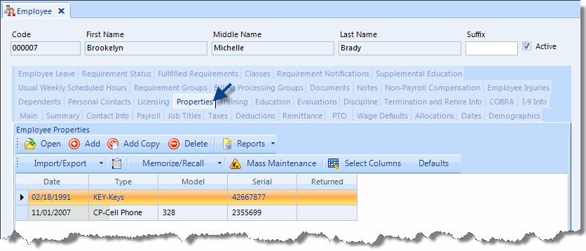 2. Click Add or highlight an existing Property record in the grid and click Open to view or modify it. Employees Properties STEP RESULTS: The Property form will open in a pop-up window. 3.