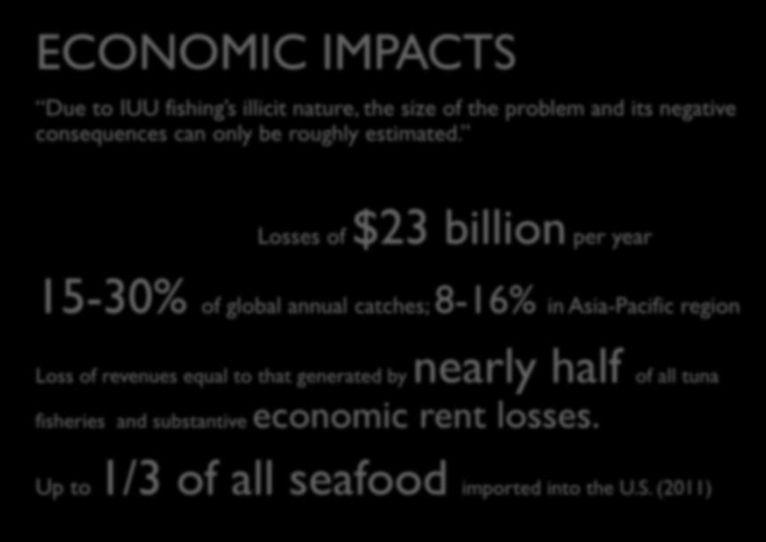 Losses of $23 billion per year 15-30% of global annual catches; 8-16% in Asia-Pacific region Loss of
