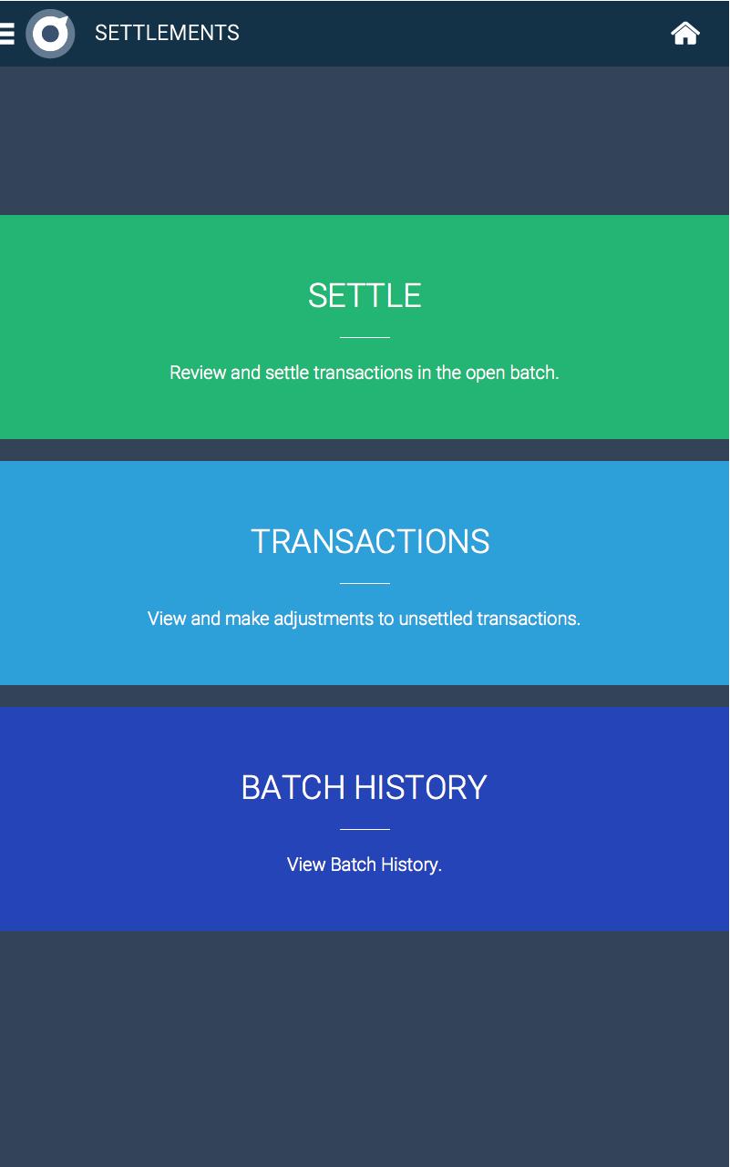 Settlements App The Settlements App will allow you to review summary information about the current open settlement batch, review detailed transaction information for records in the current batch,