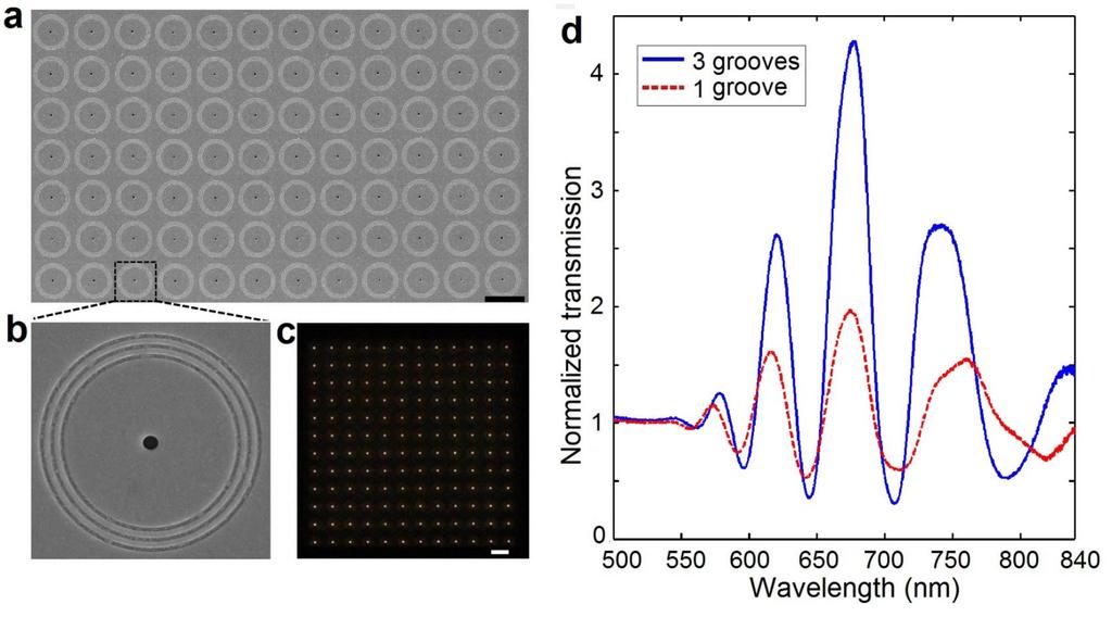 Circular plasmonic interferometer array Experimentally demonstrated high interference contrast, intense transmission peak, narrow interference linewidth, and
