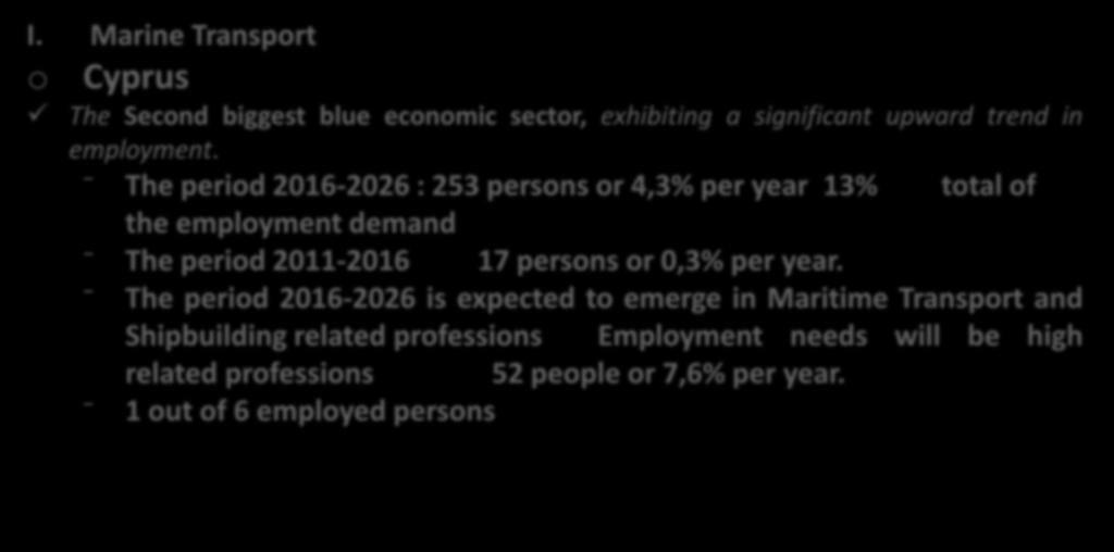 Results of the Market Analysis Survey (1) I. Marine Transport o Cyprus The Second biggest blue economic sector, exhibiting a significant upward trend in employment.