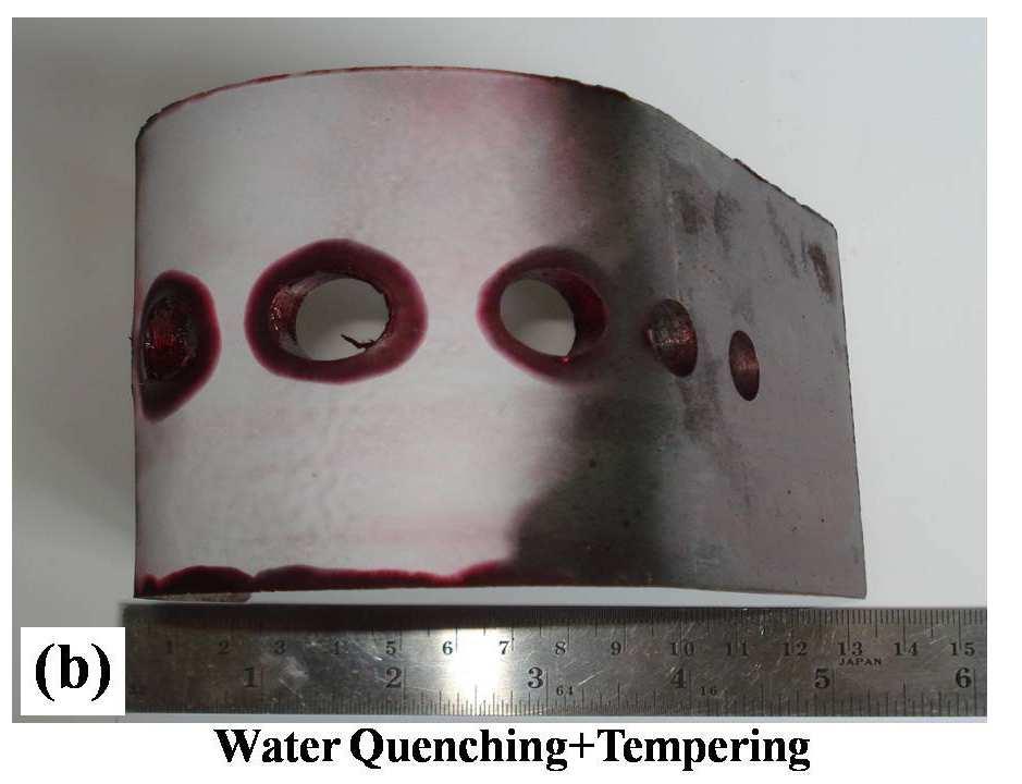 When considerate specimens after bending test, it was found that specimens after water, oil and air quenching, without tempering process crack and fracture all specimens are shown in Fig. 9 (a).
