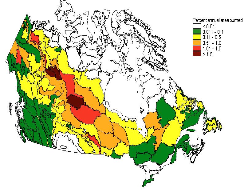 Million hectares burned 8 6 4 2 Canada Annual Area Burned 0 1920 1940 1960 1980 2000 Year Canadian Fire Statistics Incomplete prior to 1970 Currently - average of 9000 fires a year burn 2.
