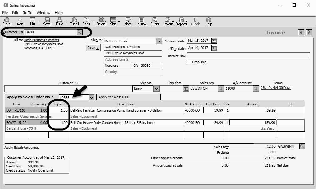 102 Chapter 3 Ship Items from a Sales Order To ship items from a sales order, open the Sales/Invoicing window, select the customer, then choose the open sales order you want to invoice.