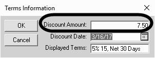 Since the Discount Amount was computed automatically on the items sold plus sales tax, the Discount Amount of 7.95 needs to be changed. In Sage 50, you can enter a different sales discount amount.