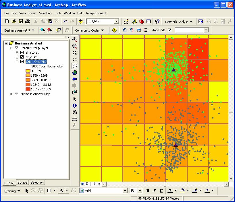 Grids. Business Analyst 9.1 has a new tool to create grid-based layers. Grids can be created for the current extent or study area at the size you want.