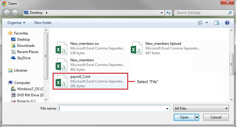 ii. Select Contribution File CSV from preferred drive Note: Libraries Pop Up will appear for you to select