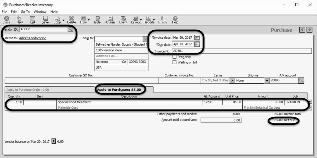 196 Chapter 6 If your GL Account field and A/P Account field are not displayed on the Purchases/Receive Inventory window, see the instructions on page 19, step 1c, Hide General Ledger Accounts area.