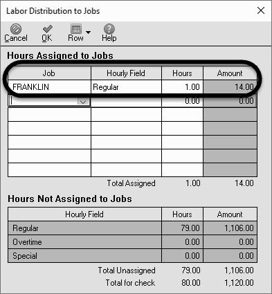 Job Cost 199 7. Press the <Enter> key. Type 1 in the Hours field > press <Enter>. In the Amount field, 14.00 is shown. 8. Click. You are returned to the Payroll Entry window. 9.