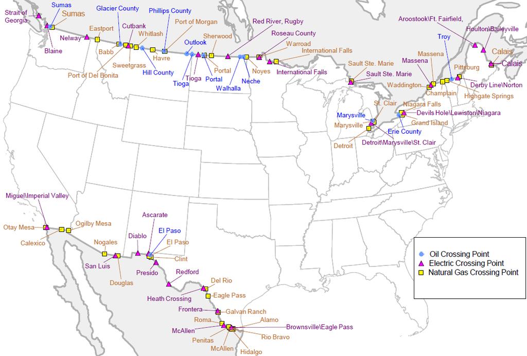 North American border crossing points for oil, natural gas, and