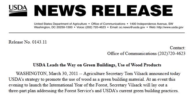 Strategies: U. S. Forest Service will preferentially select wood in new building construction. U.S. Forest Service will demonstrate the innovative use of wood as a green building material for all new