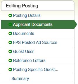 APPLICANT DOCUMENTS This section allows you to indicate which documents are required for uploading by the applicant and which documents may optionally be attached.