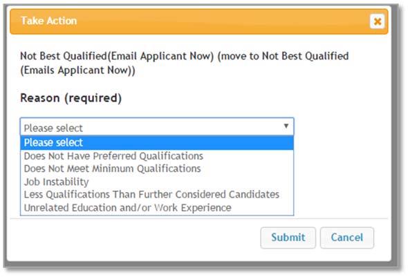 Click the orange Take Action on Job Application button to see a list of Workflow Actions options. Select if not wanting to change the status of the applicant.