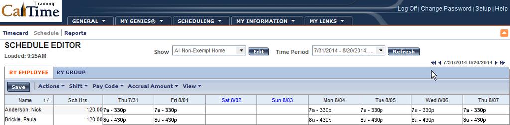 Scrolling Through Dates Supervisors of Non-Exempt Employees (RDP): Using Schedule Editor You can scroll to the left or the right through a range of dates by clicking on the arrows shown below.