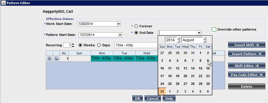 Assigning Schedules 13. Select a date from the pop- up calendar. 13 Last, we consider whether or not this pattern should override other patterns.