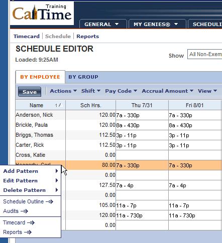 Right-Clicking Supervisors of Non-Exempt Employees (RDP): Using Schedule Editor Right- clicking on an employee s name will cause